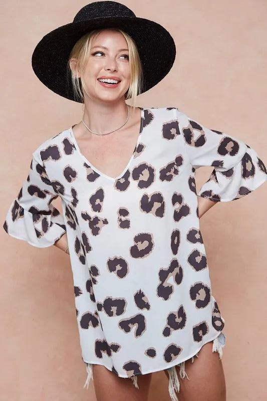 BiBi Leopard Printed V Neck Woven Top with Ruffled OutfitFlow