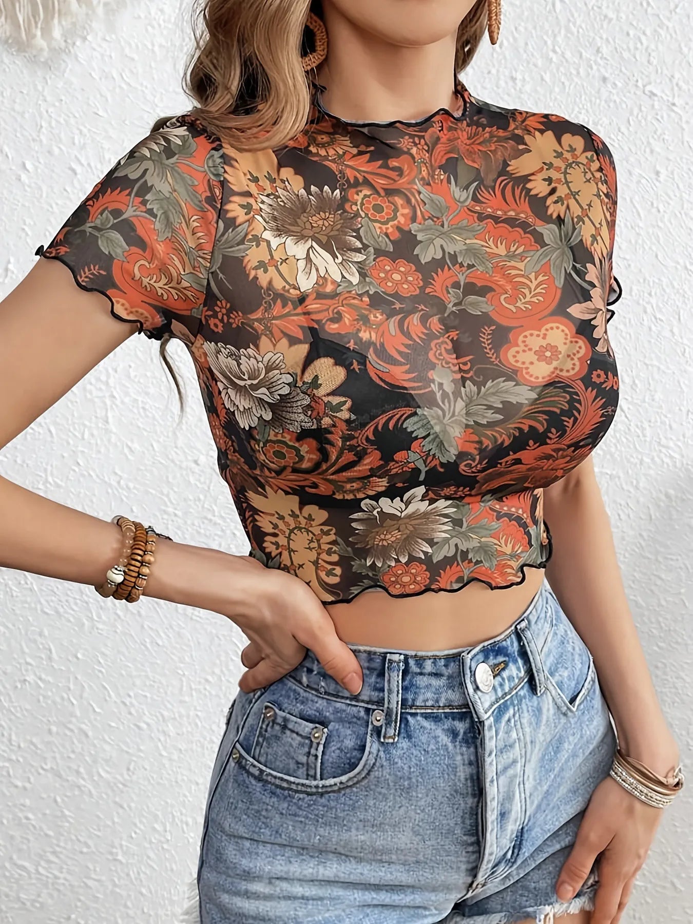 Floral Mesh Crop Top with Lettuce Trim OutfitFlow