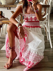 Smocked Printed Tie Shoulder Maxi Dress OutfitFlow