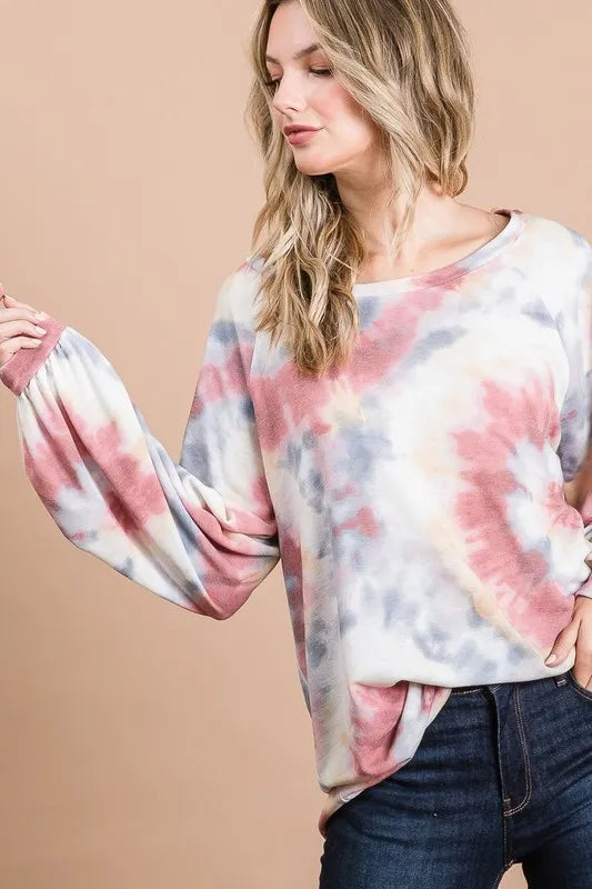 BiBi Tie Dye Print Terry Top With Puff Sleeves OutfitFlow