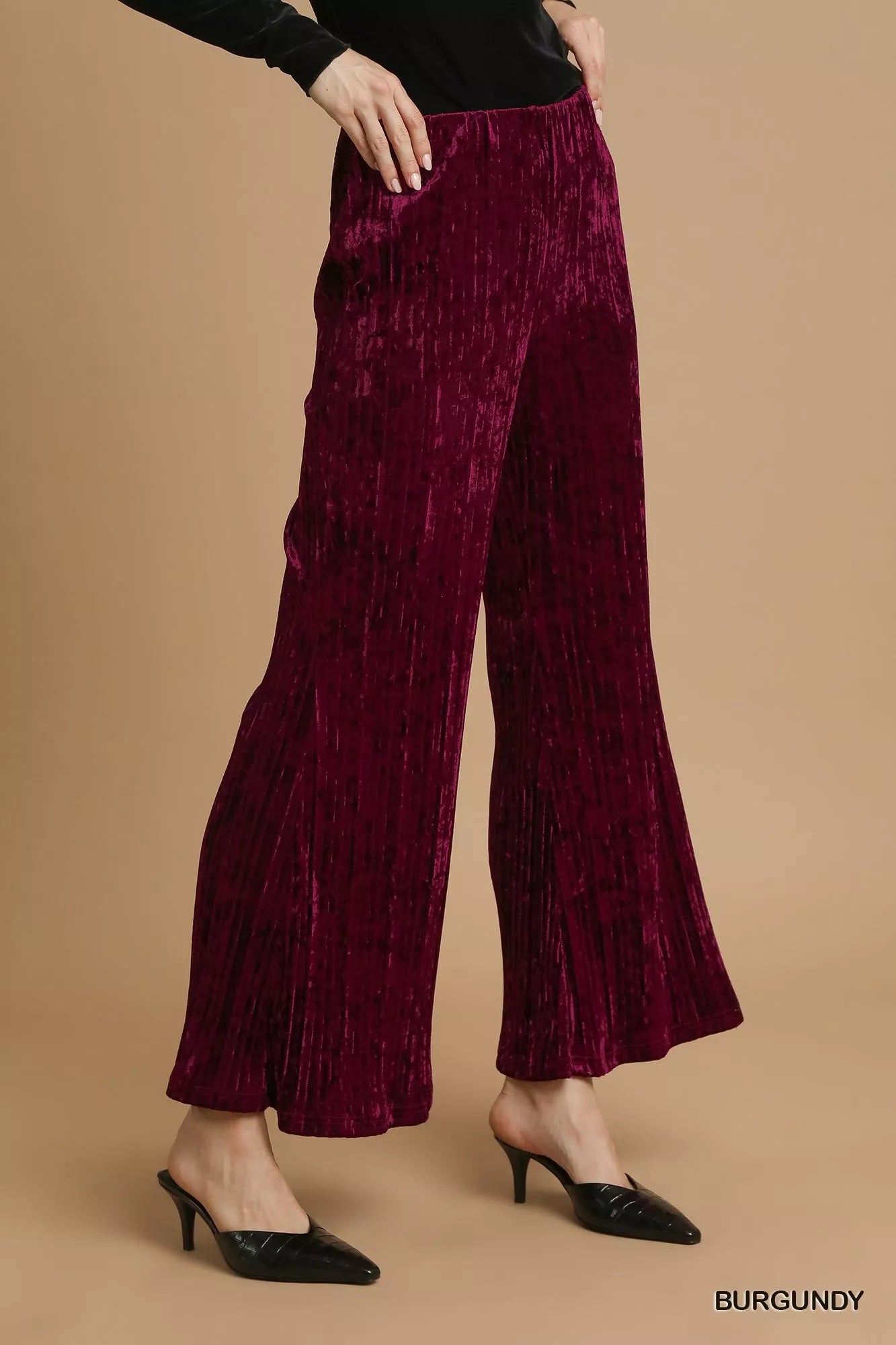 Umgee Velvet Pleated Wide Leg Pants Trendsi