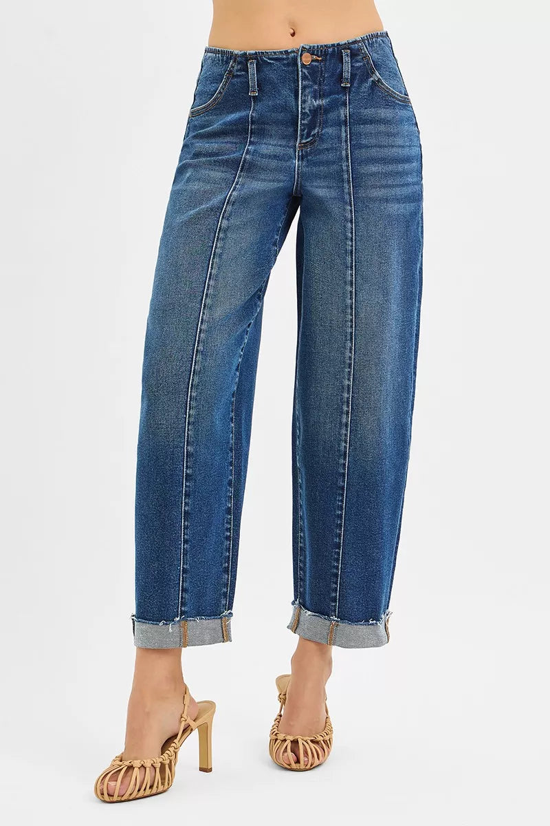 RISEN High Rise Fit Barrel Cuffed Jeans DARK Trendsi