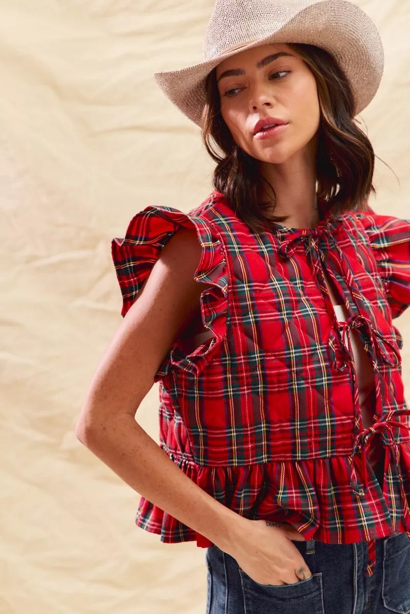 SO ME Christmas Holiday Plaid Ruffled Quilt Vest Top Trendsi