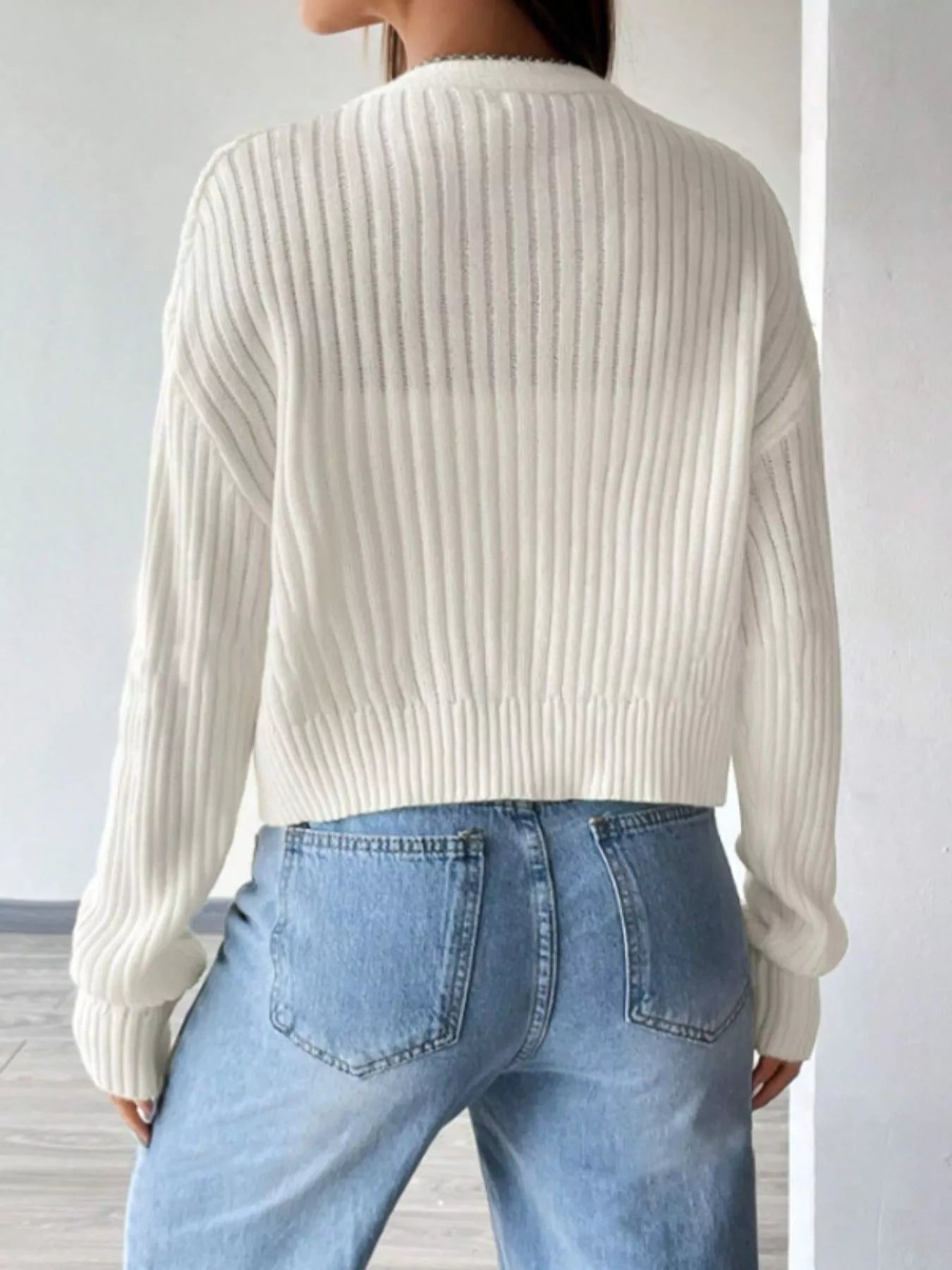 Ribbed Knit Button-Up Cropped Cardigan OutfitFlow