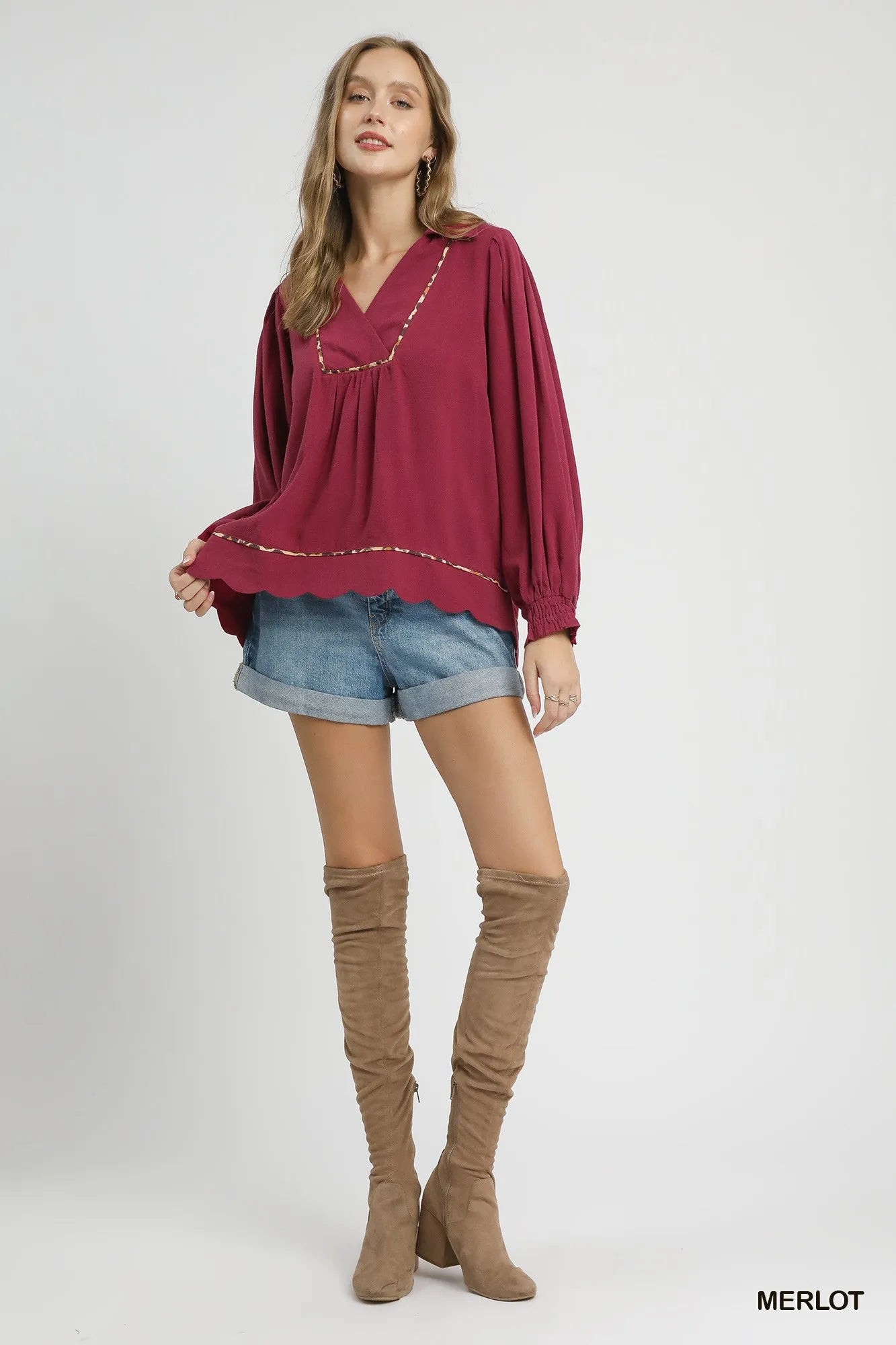 Umgee Full Size Linen Scallop Hem Blouse with Contrast Trim Plus Size Trendsi