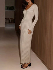 Ribbed Knit V-Neck Long Sleeve Maxi Dress OutfitFlow