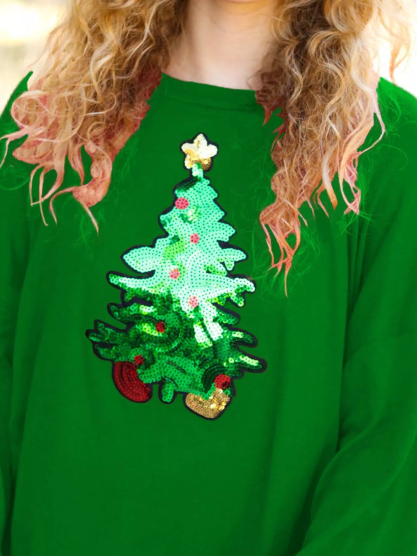 Christmas Tree Sequin Long Sleeve Sweatshirt OutfitFlow