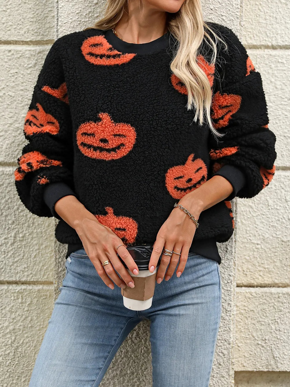 Fuzzy Pumpkin Round Neck Dropped Shoulder Sweater OutfitFlow