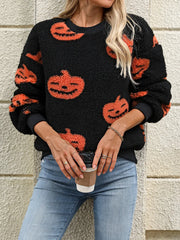 Fuzzy Pumpkin Round Neck Dropped Shoulder Sweater OutfitFlow