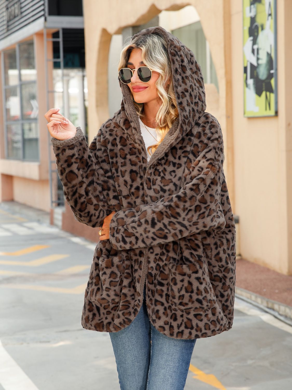 Leopard Hooded Coat with Pockets OutfitFlow