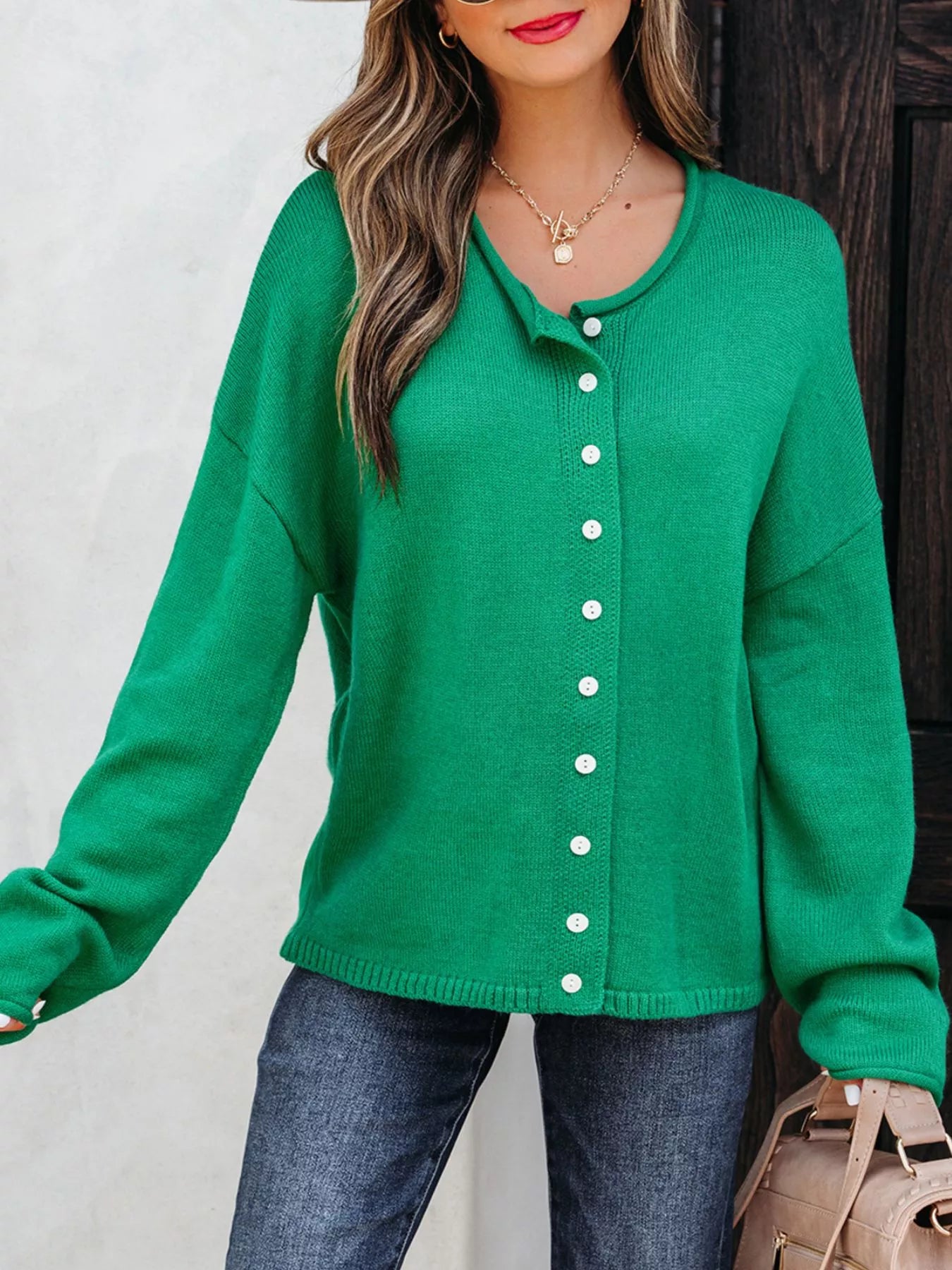 Solid Color Knit Button Drop Shoulder Sweater Cardigan OutfitFlow