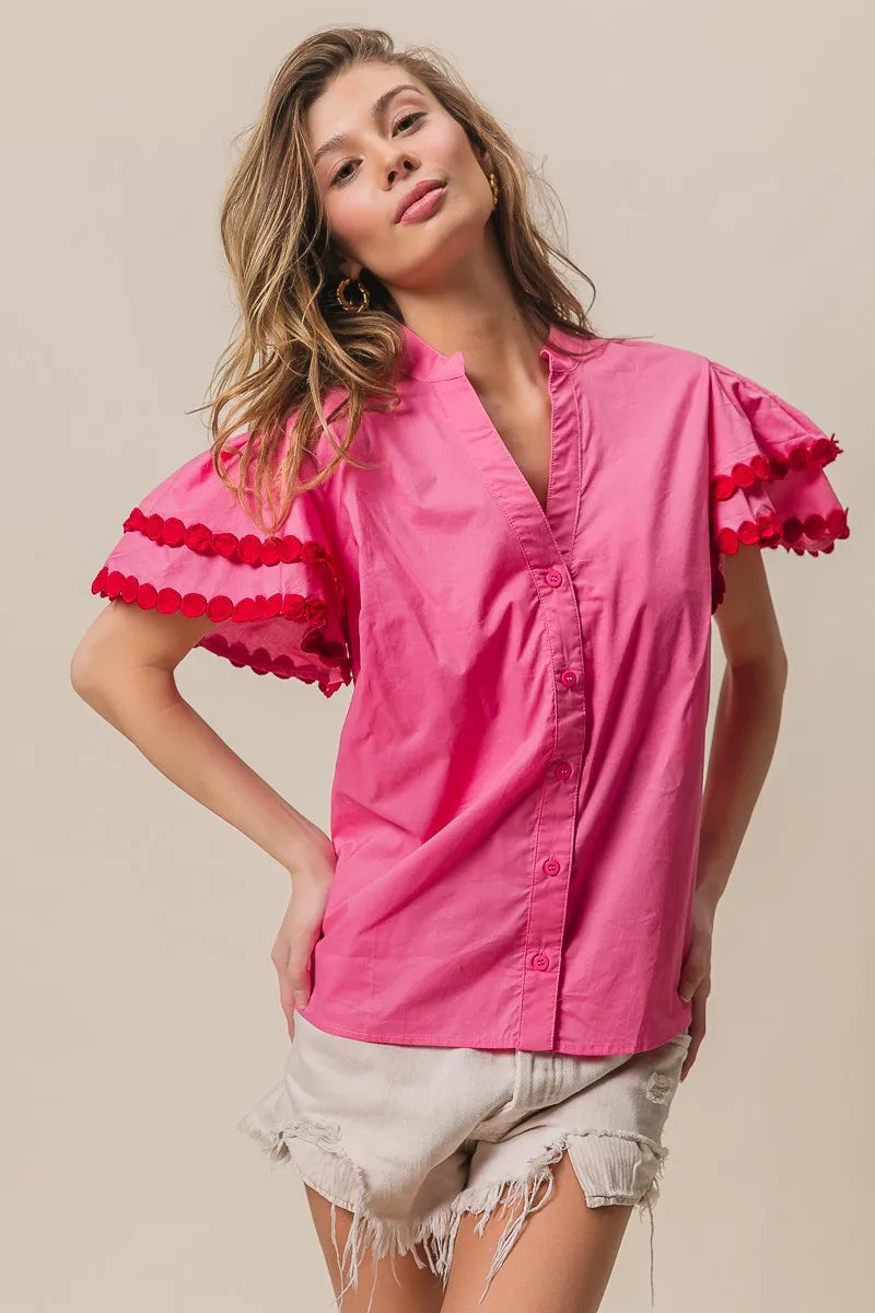 BiBi Dot Trim Flutter Sleeve Notched Top OutfitFlow