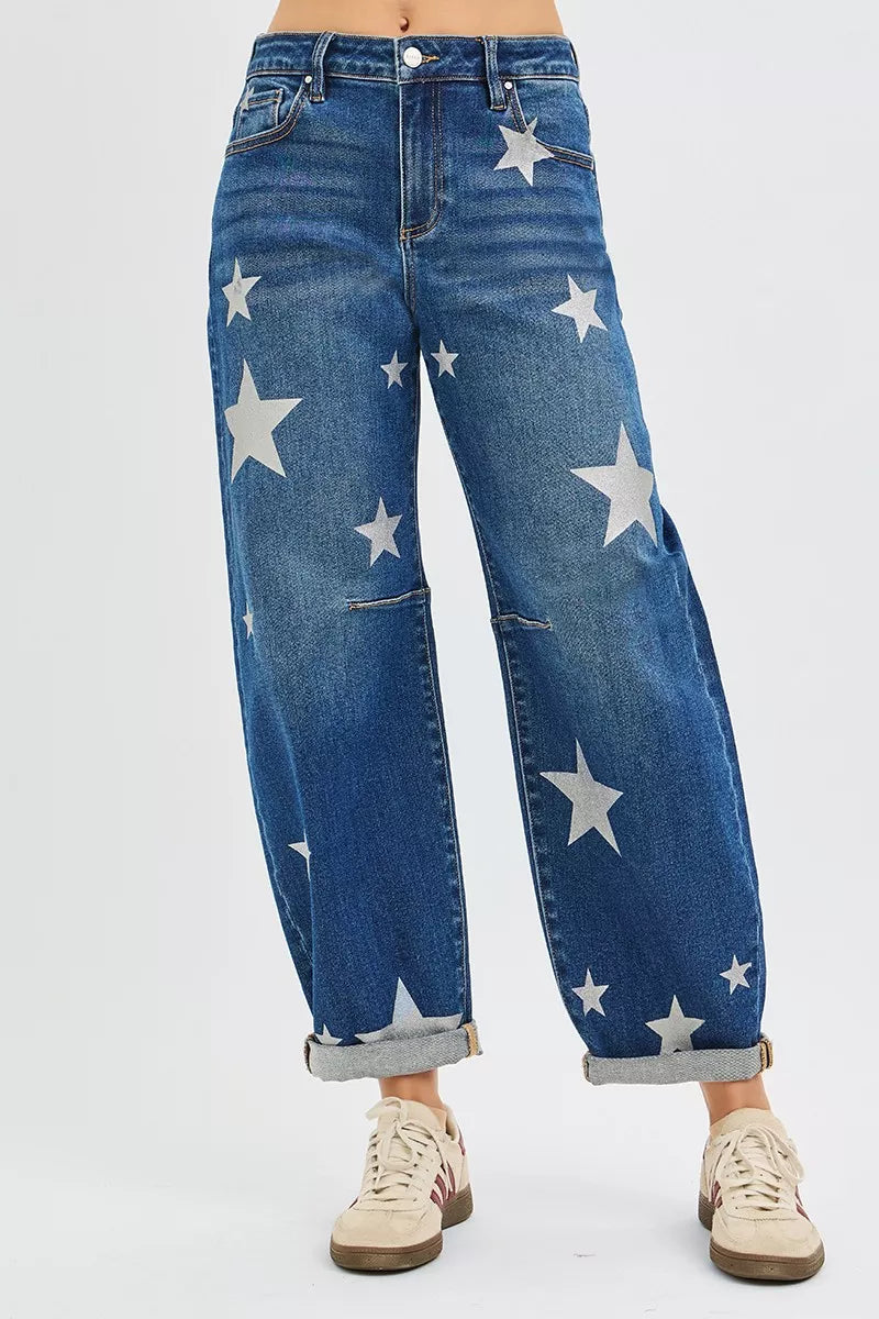RISEN Mid Rise Ankle Length Relaxed Barrel Star Printed Jeans OutfitFlow