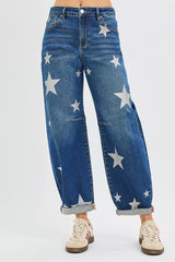 RISEN Mid Rise Ankle Length Relaxed Barrel Star Printed Jeans OutfitFlow