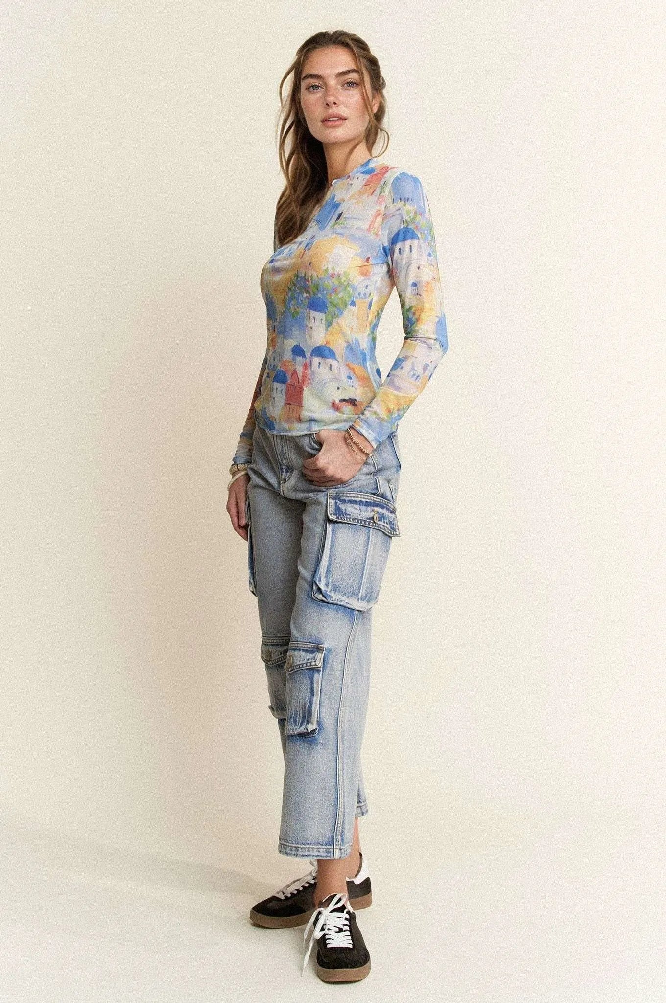 Davi & Dani Multi Printed Mesh Round Neck Long Sleeve Top OutfitFlow