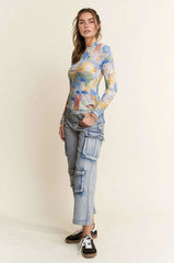 Davi & Dani Multi Printed Mesh Round Neck Long Sleeve Top OutfitFlow