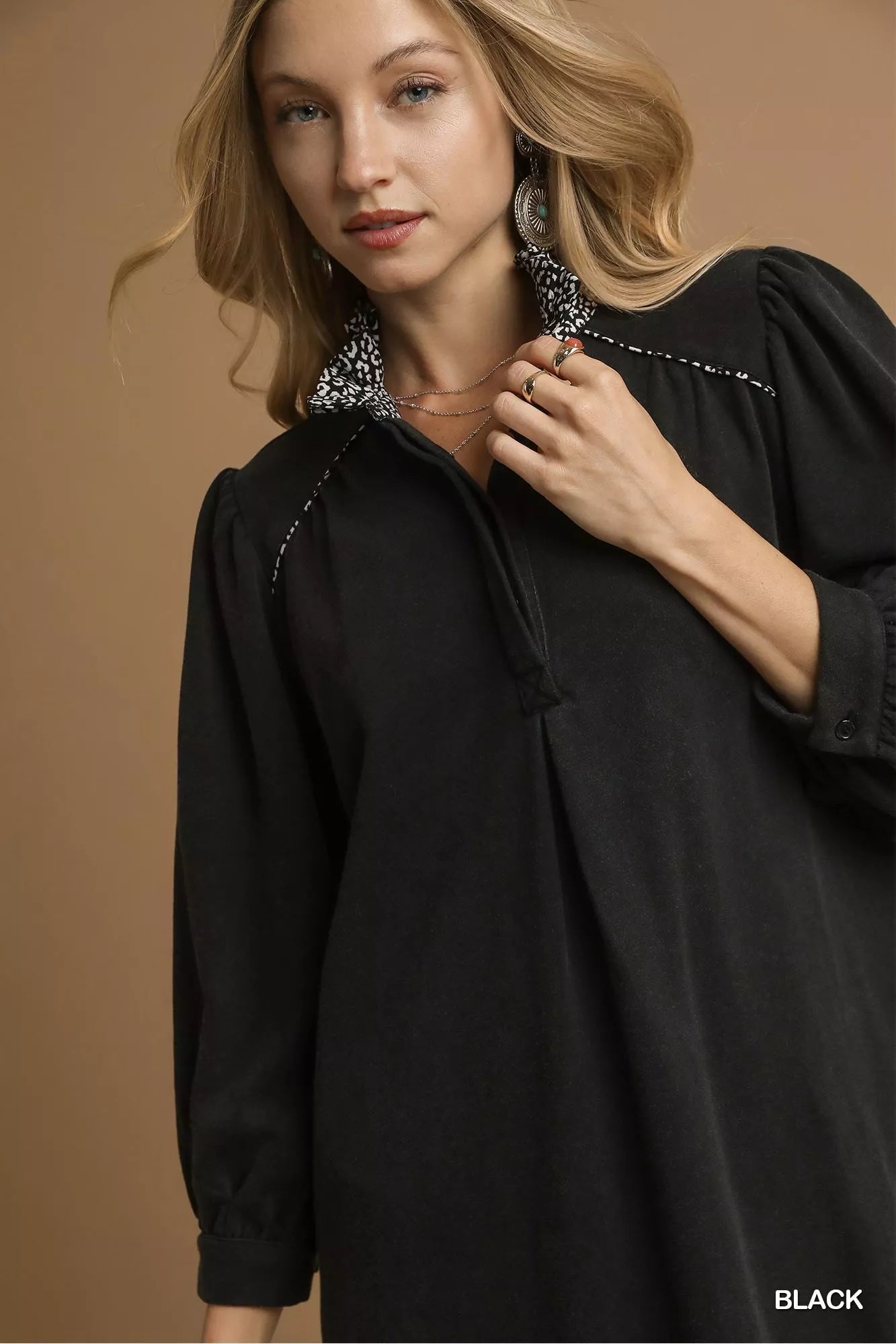 Umgee French Terry Balloon Sleeve Shift Dress with Leopard Print Detail OutfitFlow