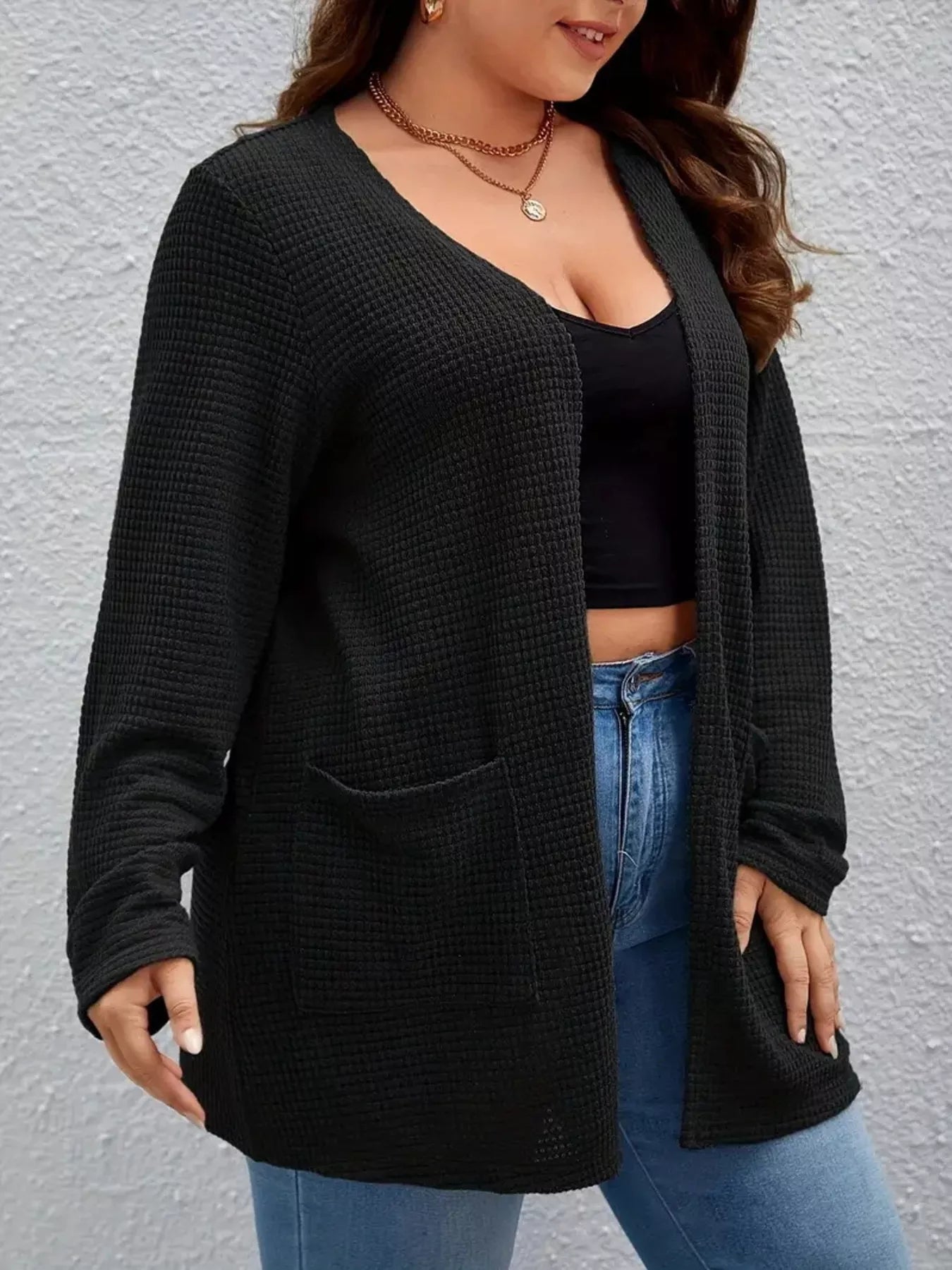 Plus Size Open Front Long Sleeve Knit Cardigan Black OutfitFlow