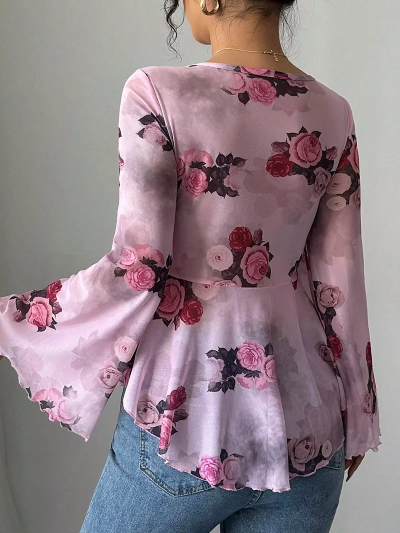 Floral Print Tie Front Flare Sleeve Blouse OutfitFlow