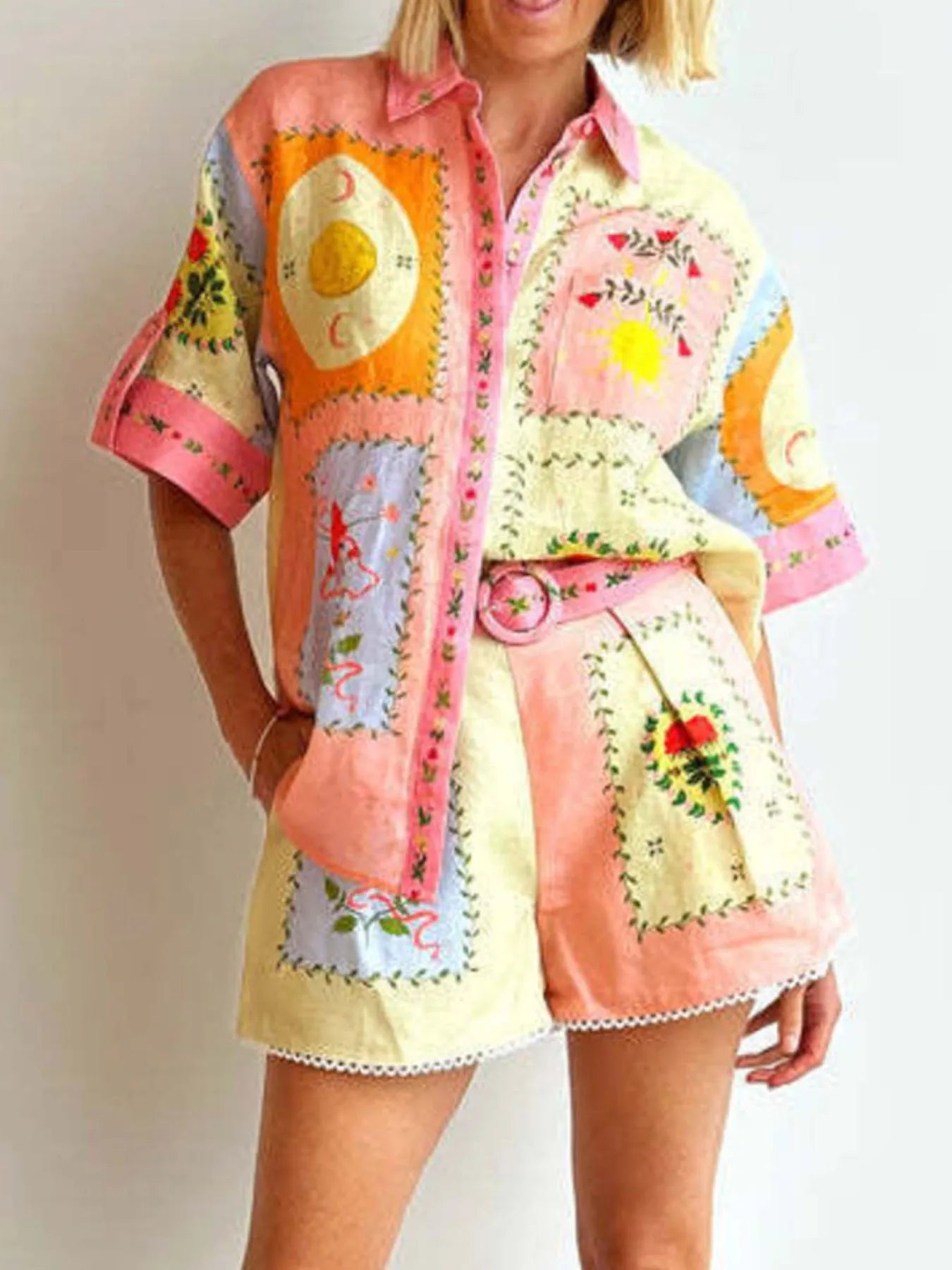 Printed Short Sleeve Shirt and Shorts Set OutfitFlow