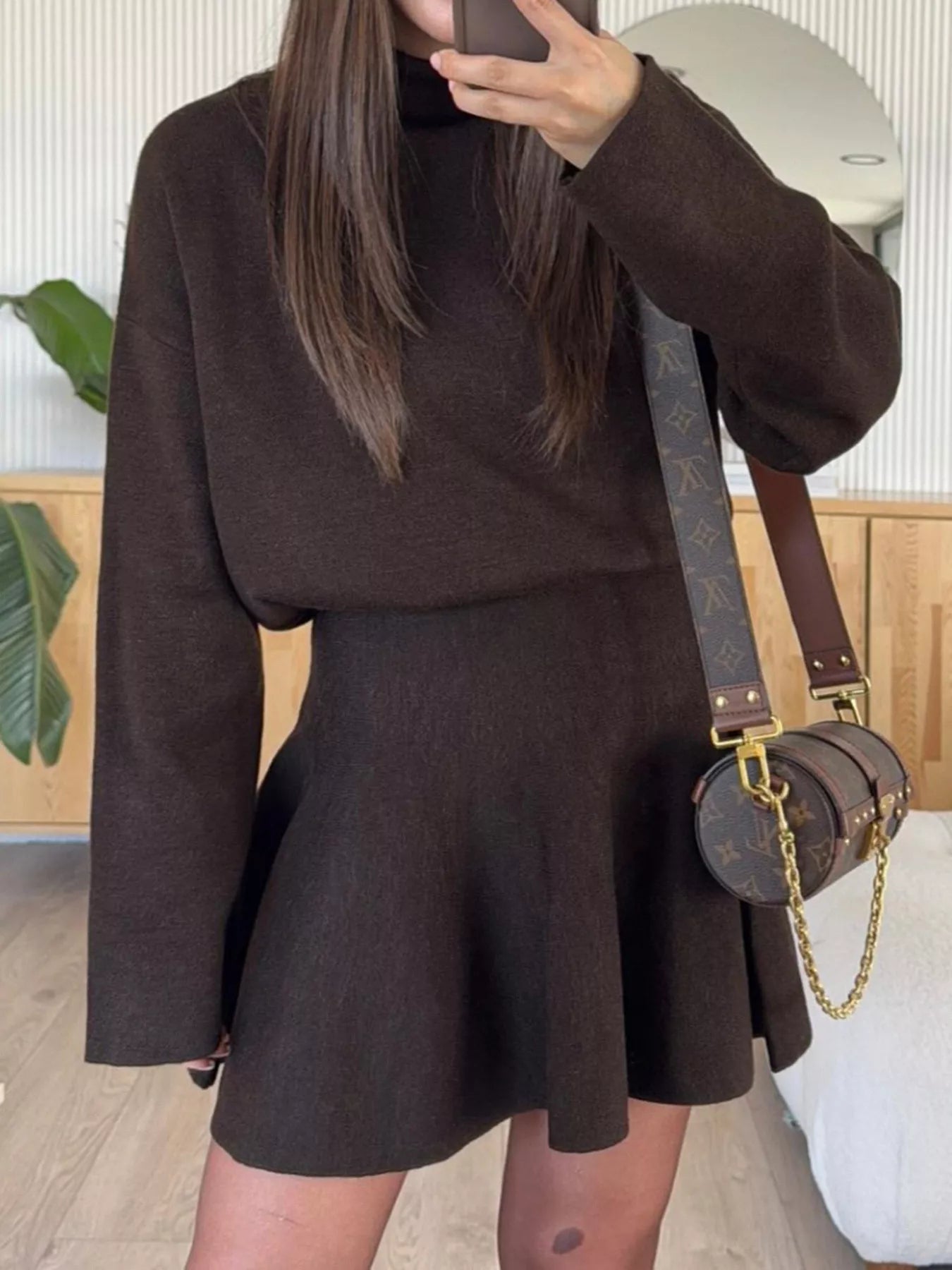 Round Neck Long Sleeve Mini Sweater Dress Brown OutfitFlow