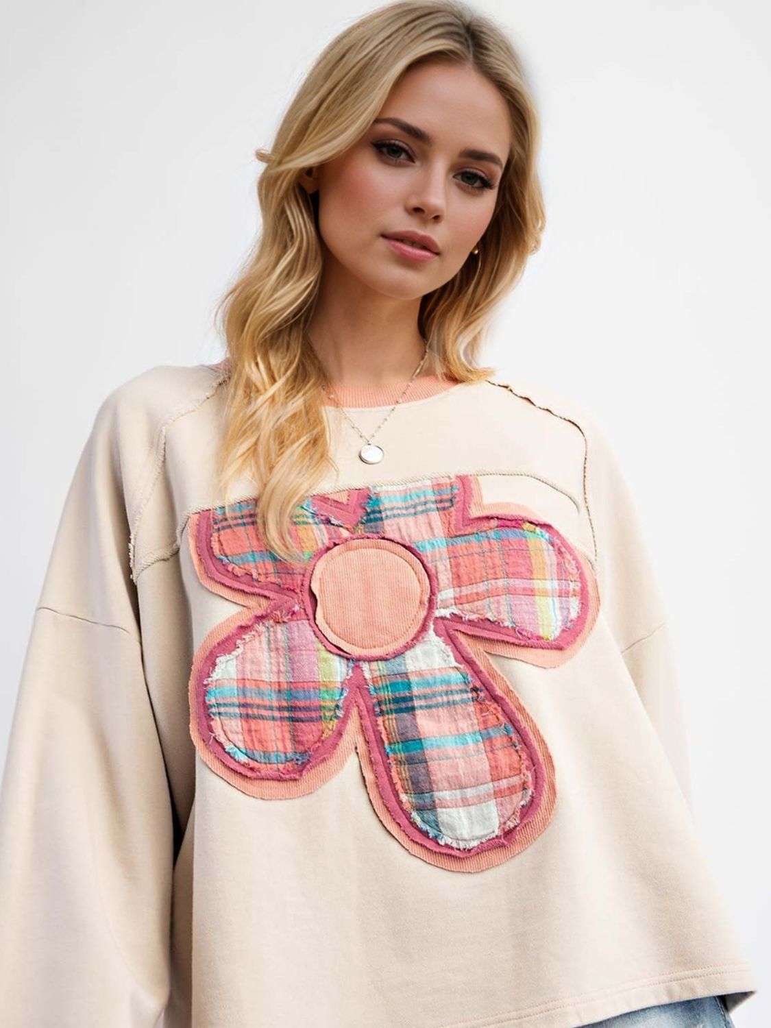 Outfit Flow - Flower Patch Plaid Round Neck Long Sleeve T-Shirt