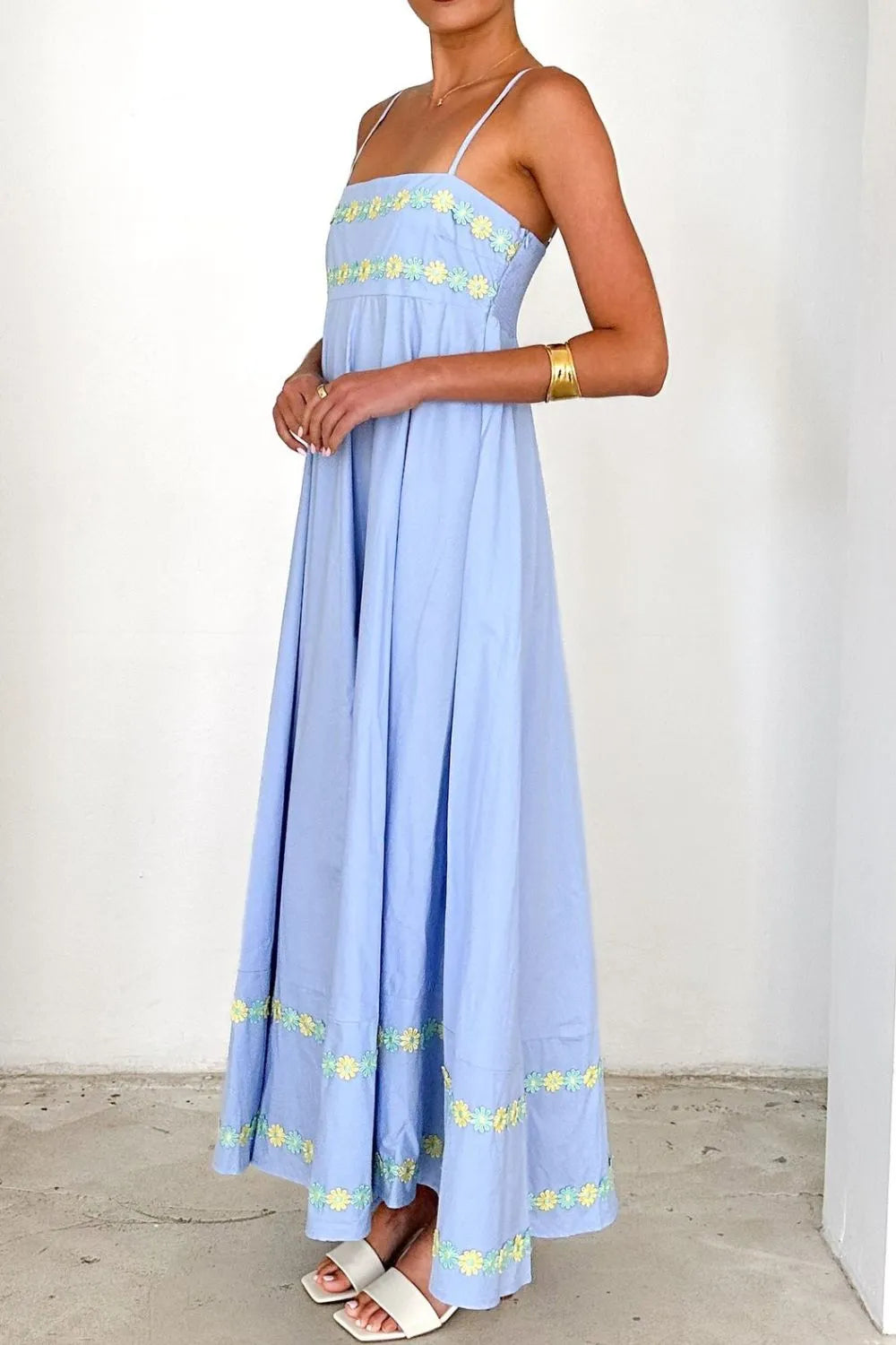 Floral Embroidered Spaghetti Strap Maxi Dress OutfitFlow