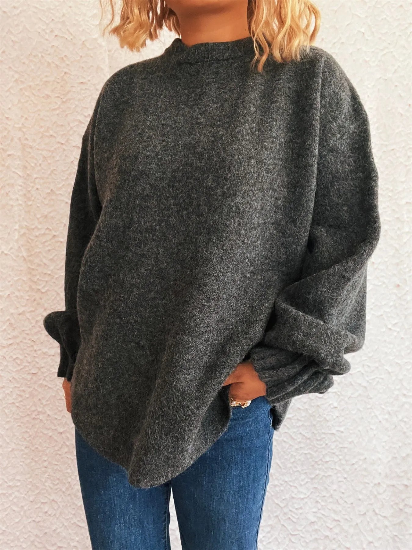 Round Neck Dropped Shoulder Sweater OutfitFlow