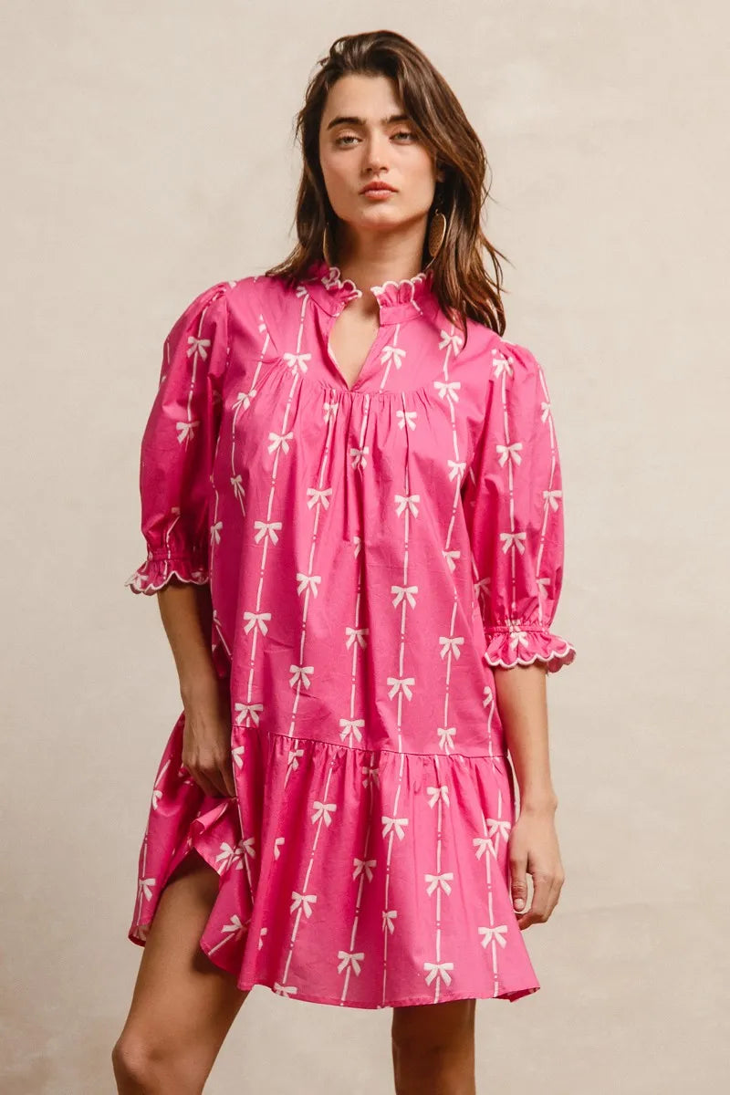BiBi Ribbon Patterns With Scallops Edge Details Short Sleeve Dress OutfitFlow