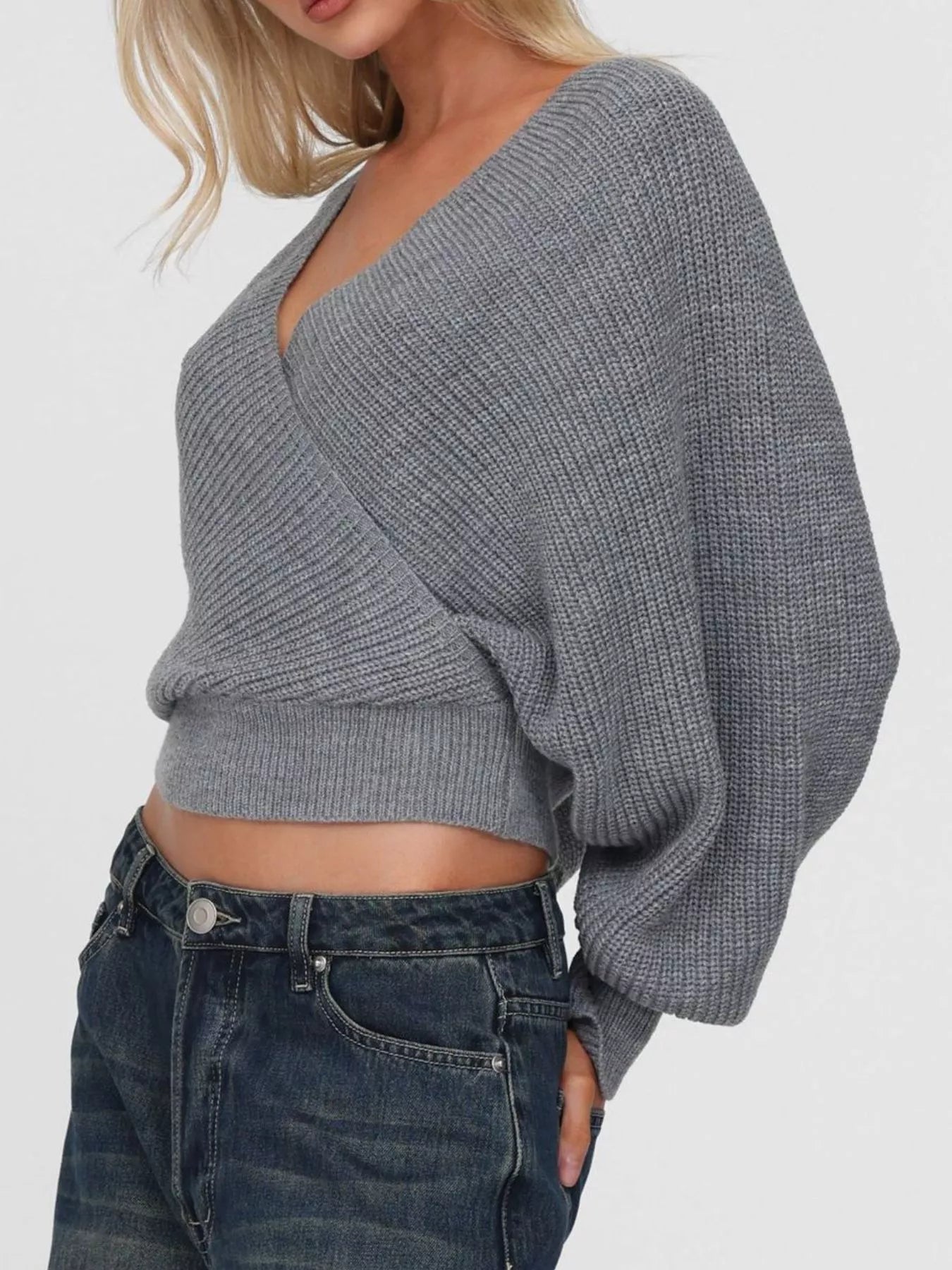 Surplice Cropped Sweater with Back Tie OutfitFlow