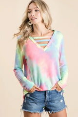 BiBi Tie Dye French Terry V-Neck Top with Strapped OutfitFlow
