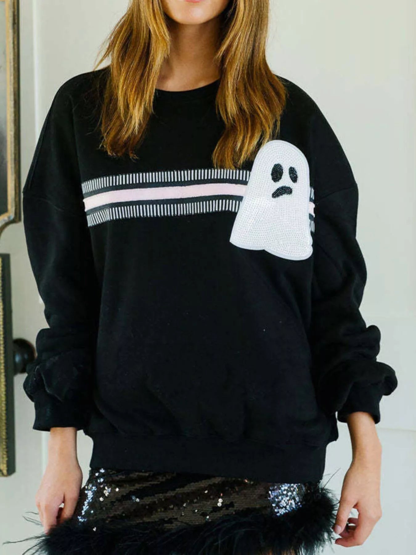 Halloween Sequin Round Neck Sweatshirt Black Ghost Strip OutfitFlow
