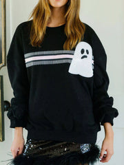 Halloween Sequin Round Neck Sweatshirt Black Ghost Strip OutfitFlow