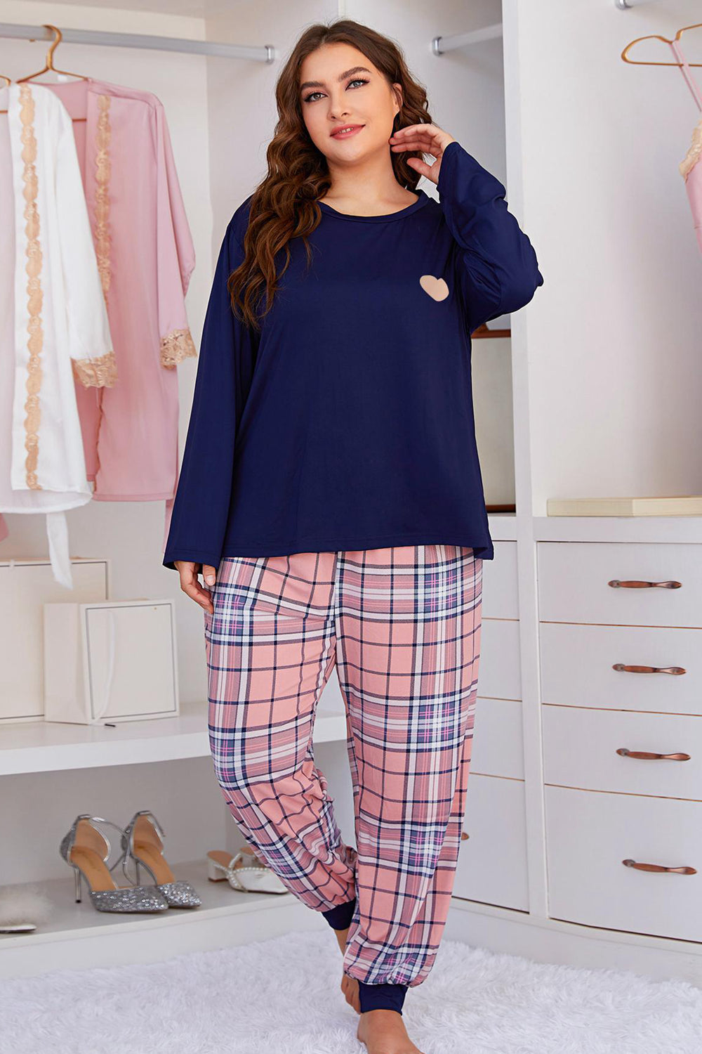 Outfit Flow - Plus Size Heart Graphic Top and Plaid Joggers Lounge Set