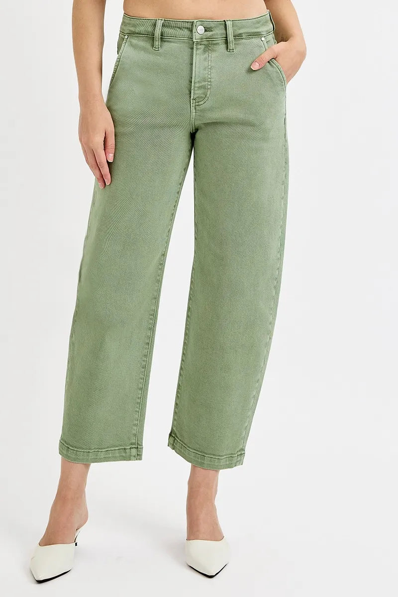RISEN Full Size Tummy Control High Rise Crop Barrel Jeans Plus Size OLIVE OutfitFlow