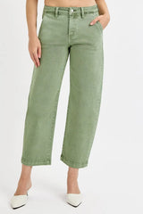 RISEN Full Size Tummy Control High Rise Crop Barrel Jeans Plus Size OLIVE OutfitFlow