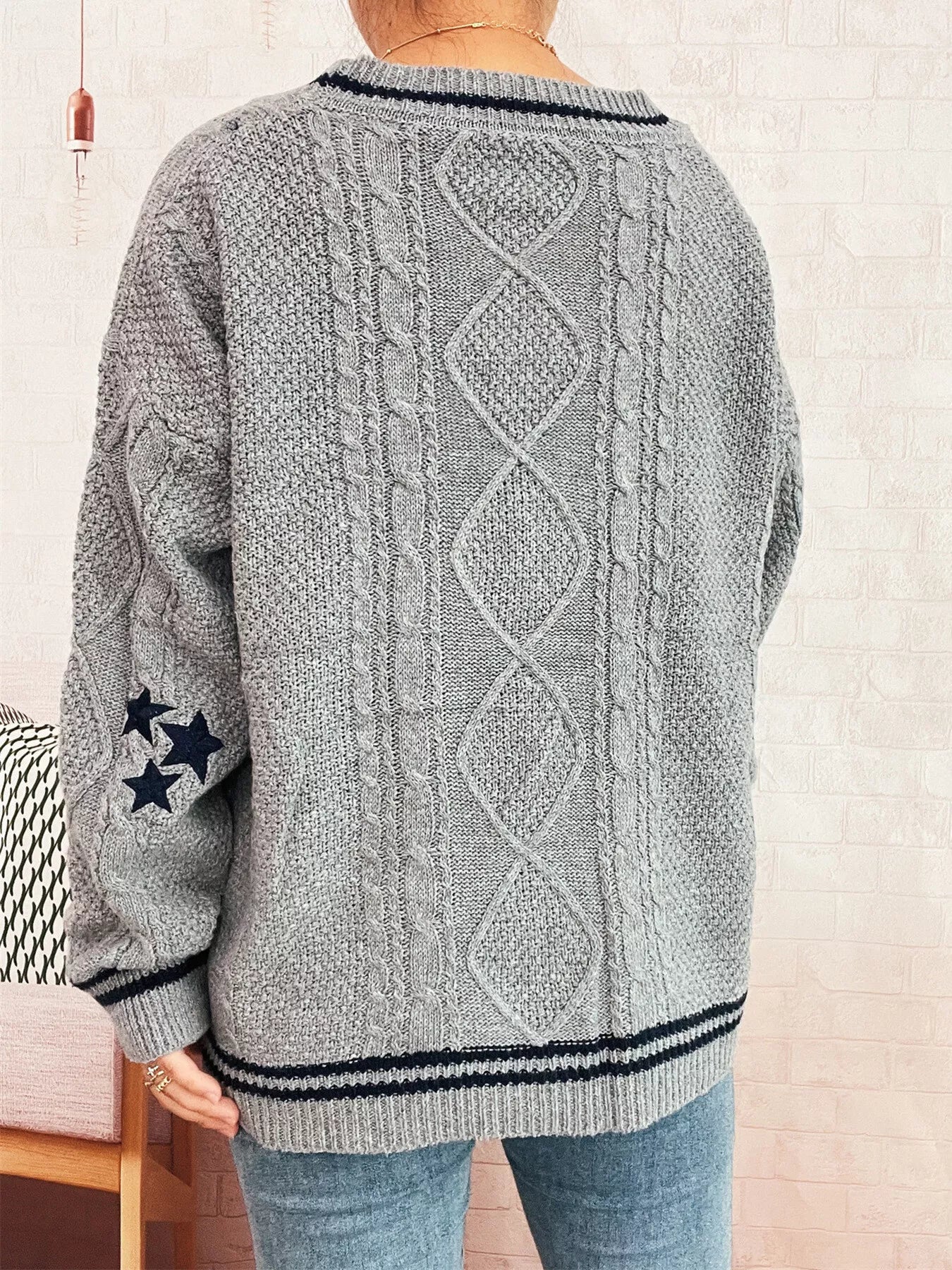 Star Pattern Button-Up Cardigan with Contrast Trim OutfitFlow