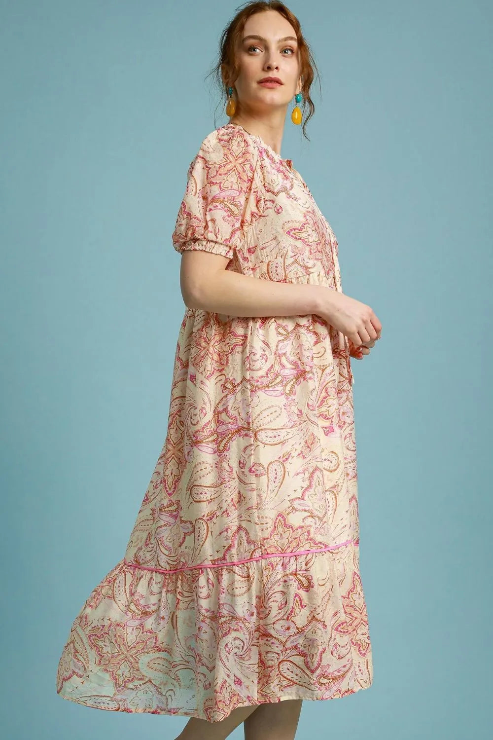 Umgee Full Size Printed Puff Short Sleeve Midi Dress Plus Size OutfitFlow