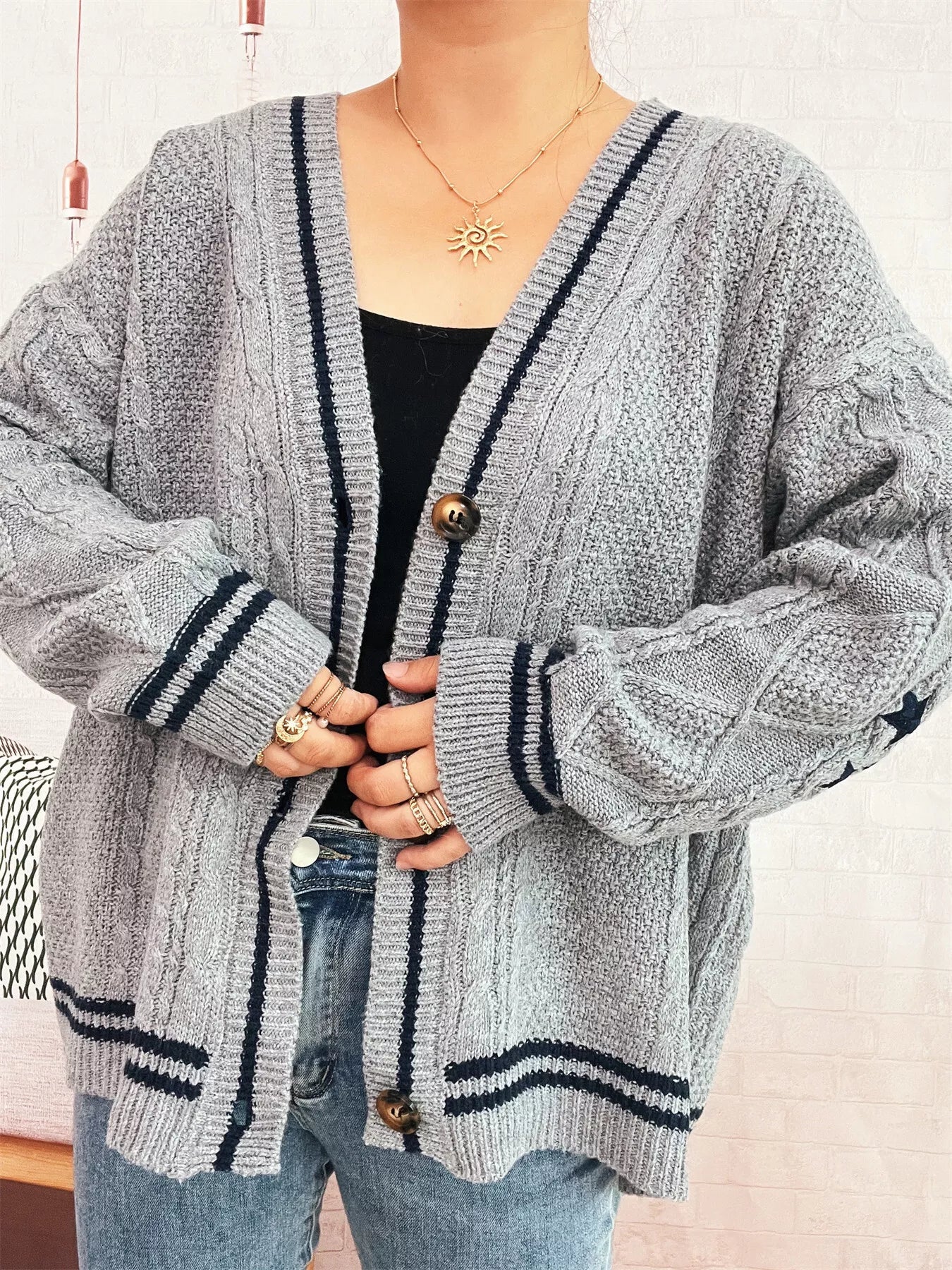 Star Pattern Button-Up Cardigan with Contrast Trim OutfitFlow
