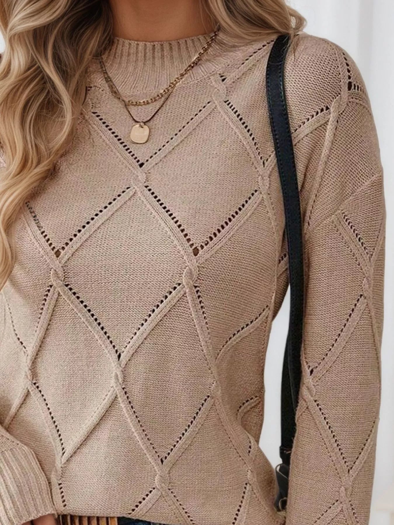 Long Sleeve Diamond Eyelet Knit Top OutfitFlow