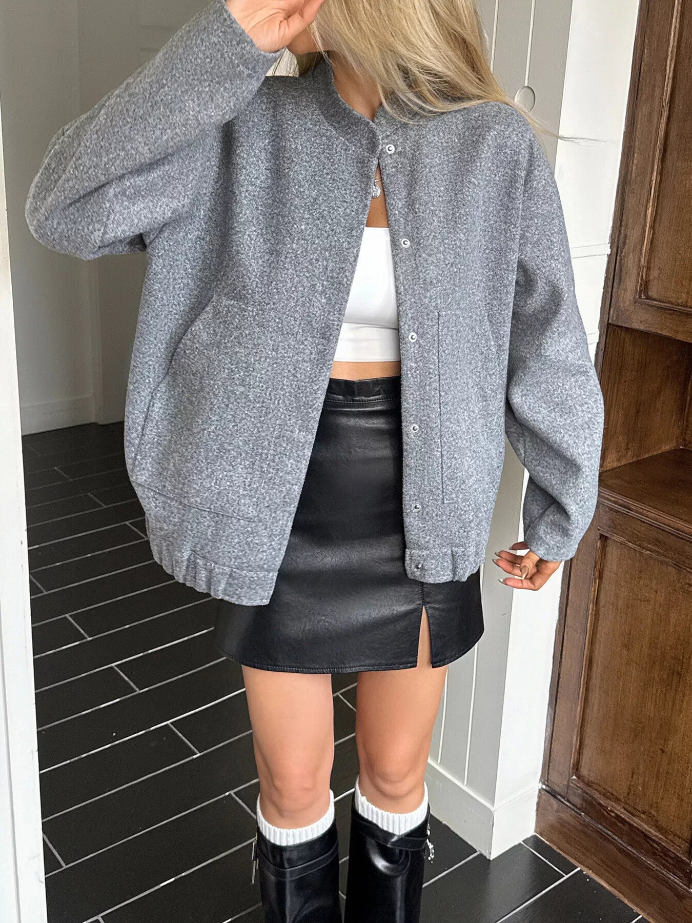 Snap Down Dropped Shoulder Jacket Gray OutfitFlow