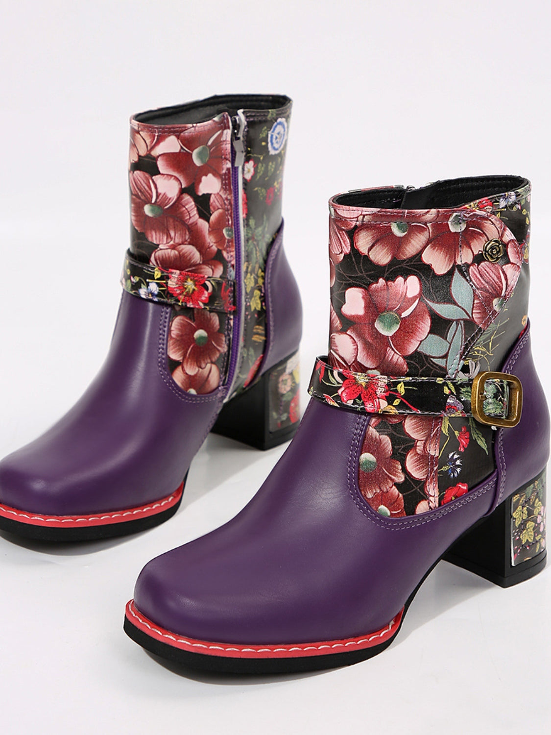 Outfit Flow - PU Leather Flower Block Heel Boots