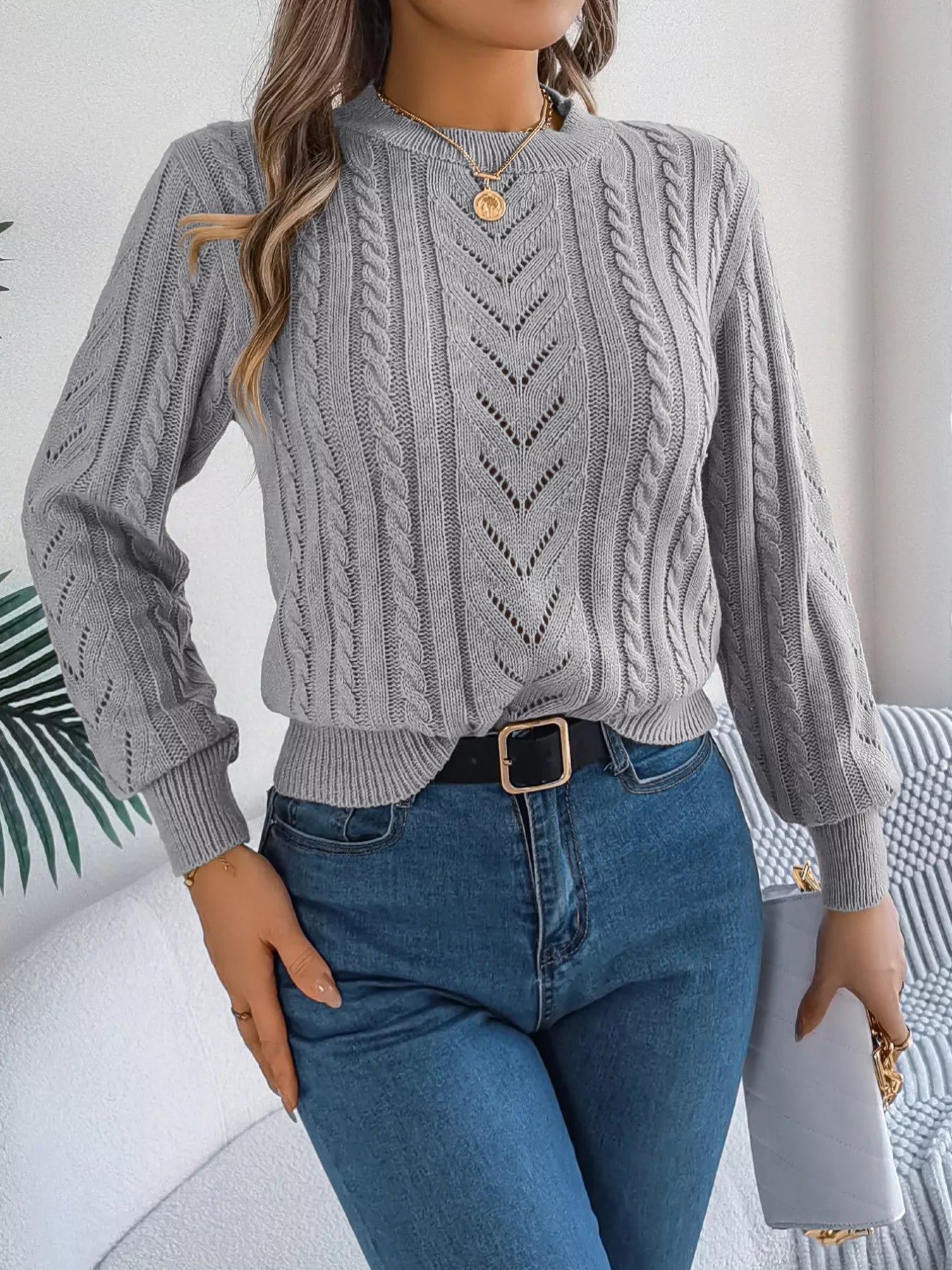 Cable-Knit Round Neck Sweater OutfitFlow