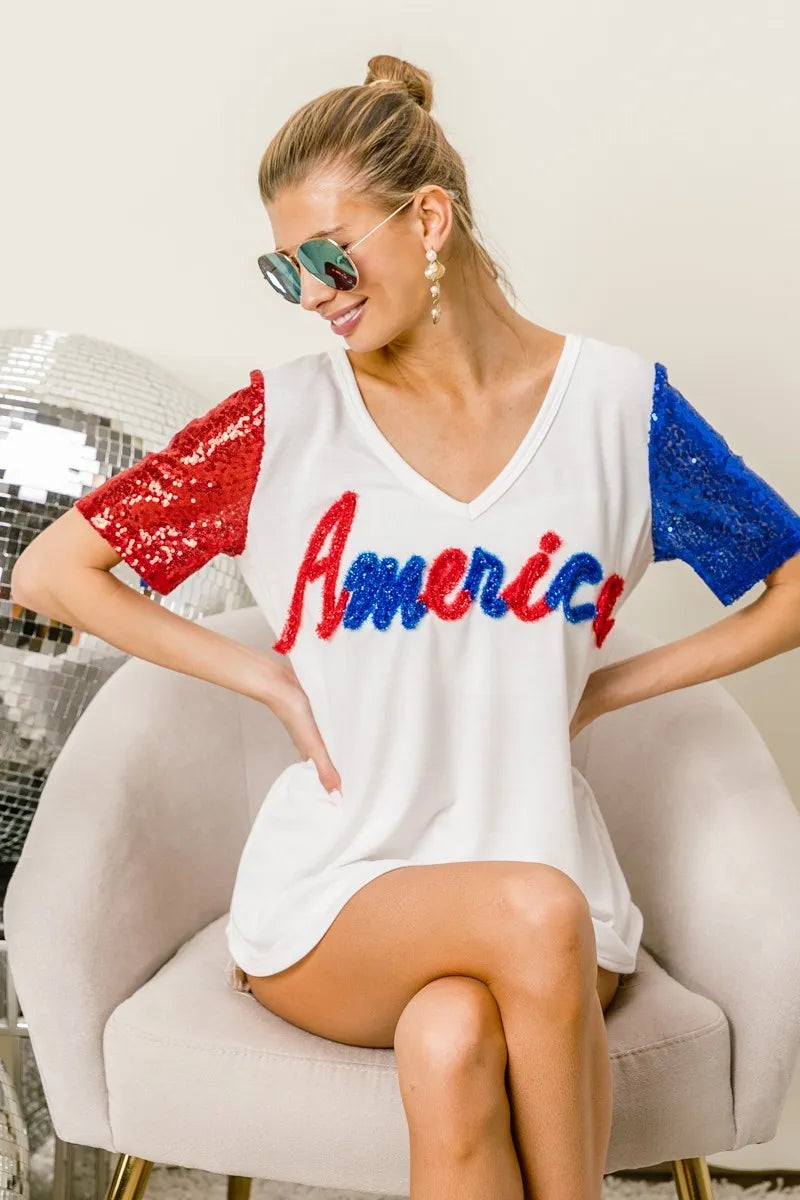 BiBi Metallic Letter V-neck Sequin Sleeves Top OutfitFlow