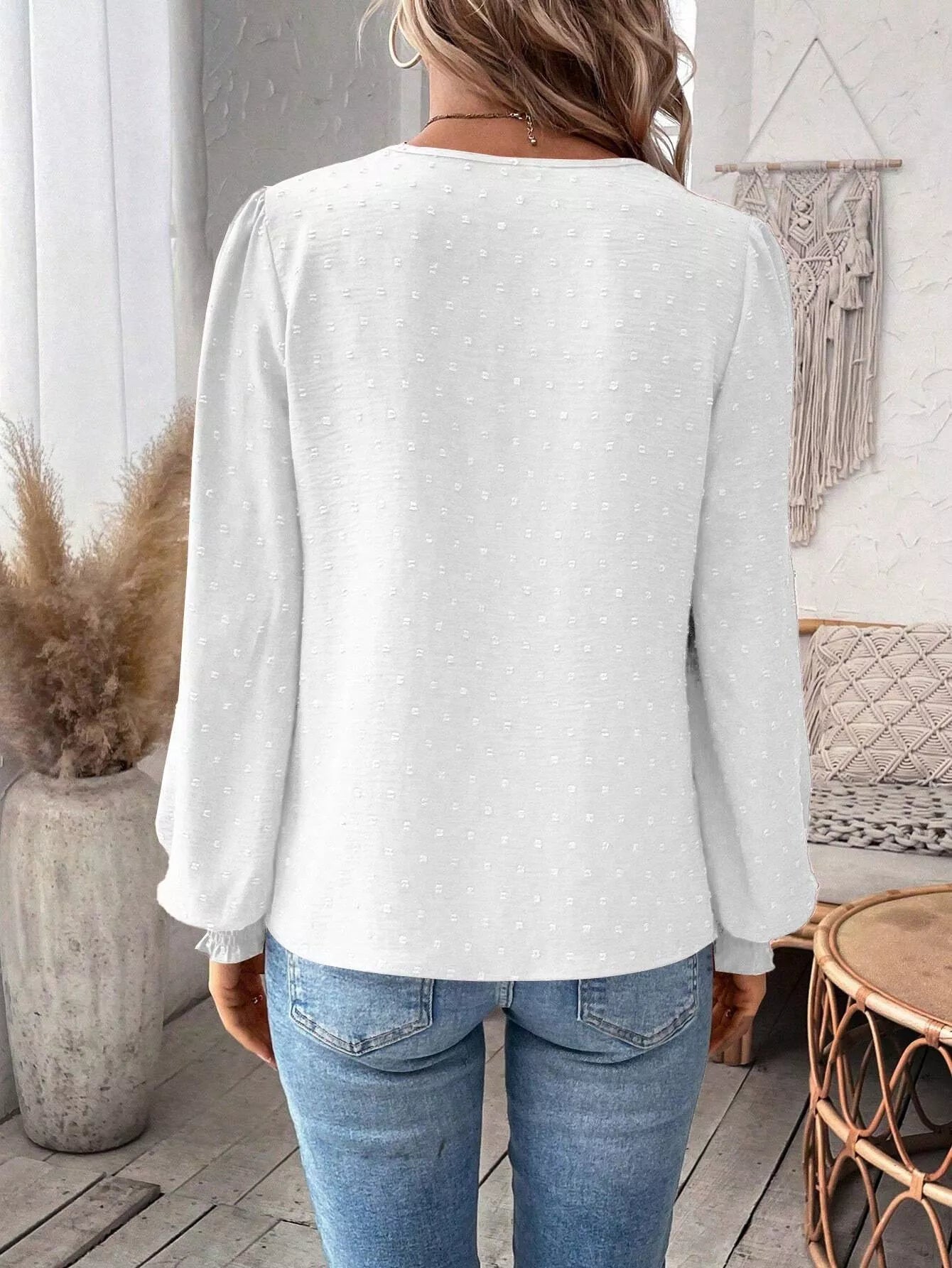 Swiss Dot Lace Detail Long Sleeve Blouse OutfitFlow