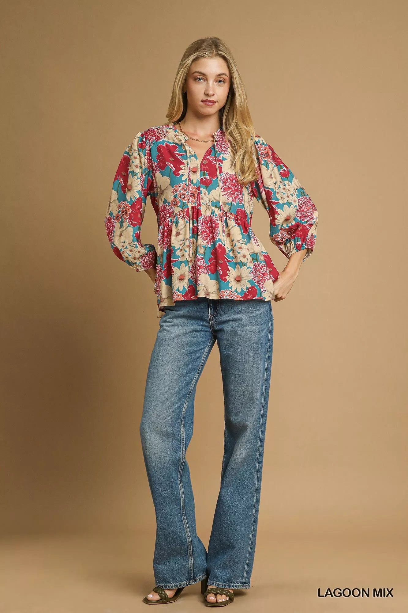 Umgee Mix Floral Peplum Blouse with Tie Neck OutfitFlow