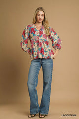 Umgee Mix Floral Peplum Blouse with Tie Neck OutfitFlow