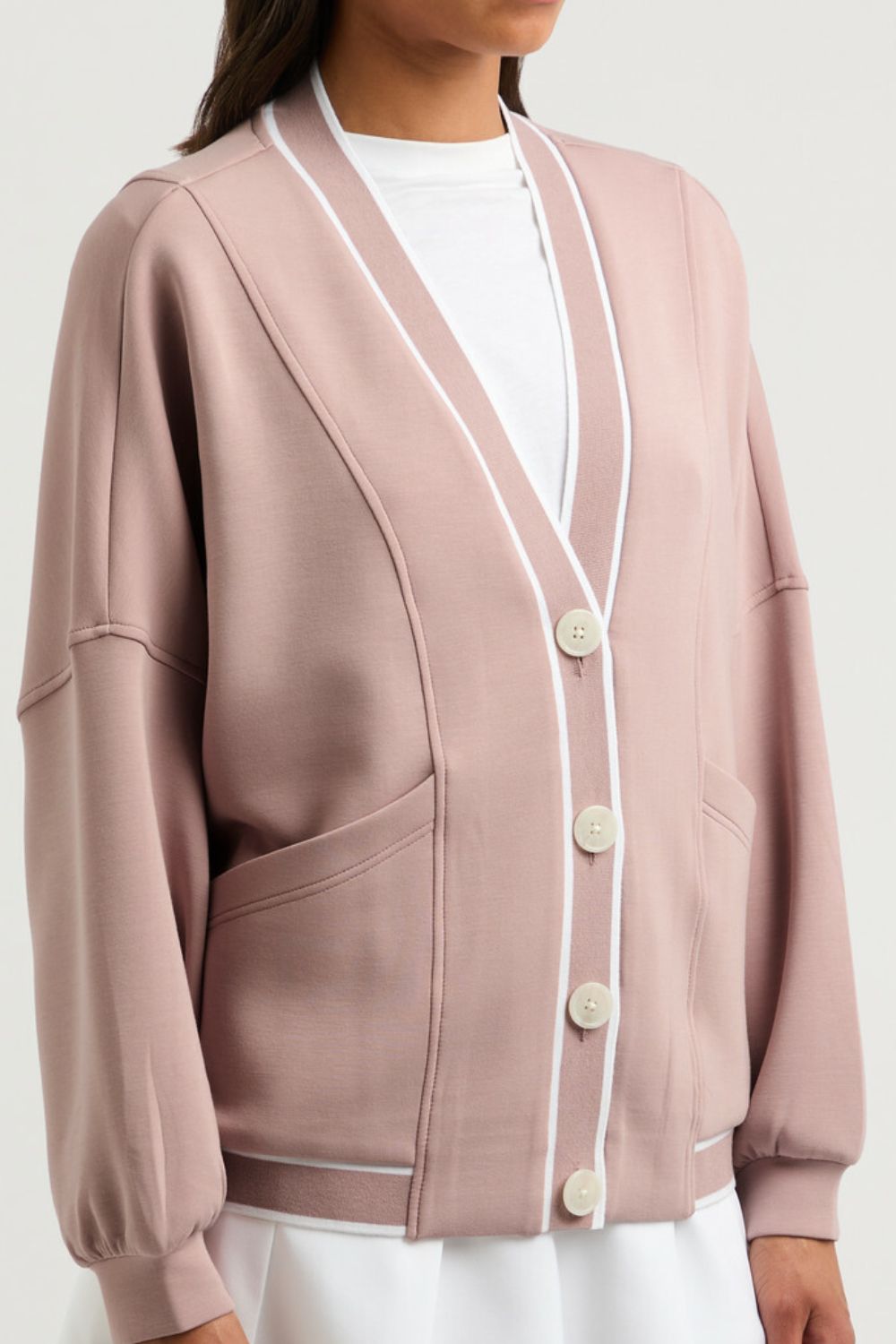 Contrast Trim V Neck Button Up Cardigan OutfitFlow