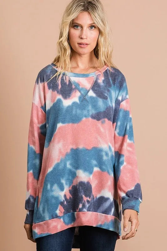 BiBi Tie Dye French Terry Pull Over with Front Stitching Detail OutfitFlow