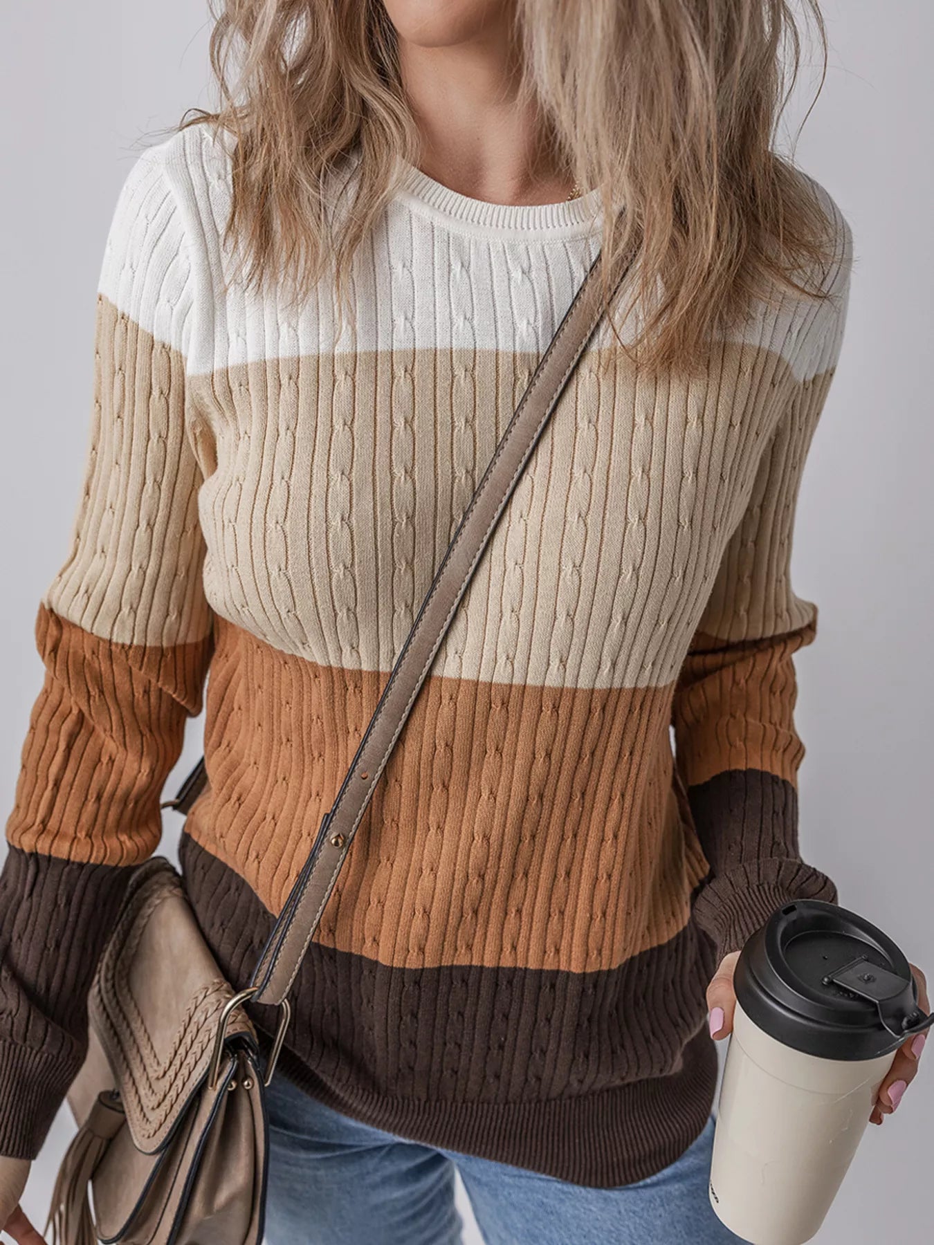 Colorblock Cable Knit Round Neck Sweater OutfitFlow